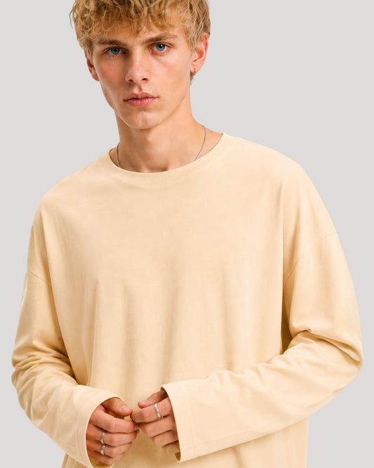 Men's Solid Beige Oversized Long Sleeve Crew Neck Regular T-Shirt