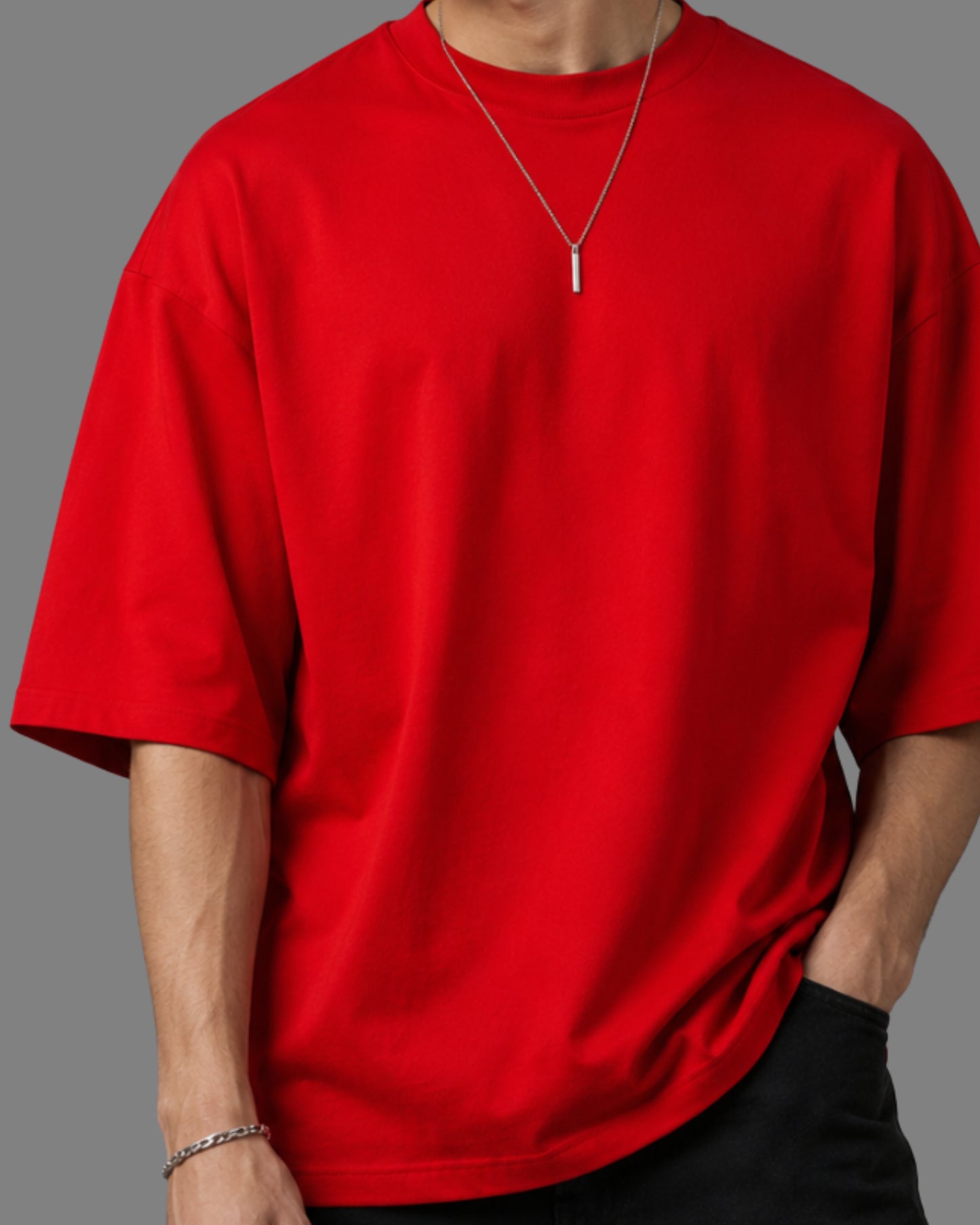 Men's Solid Red Cotton  Half Sleeve Crew Neck Oversized T-Shirt