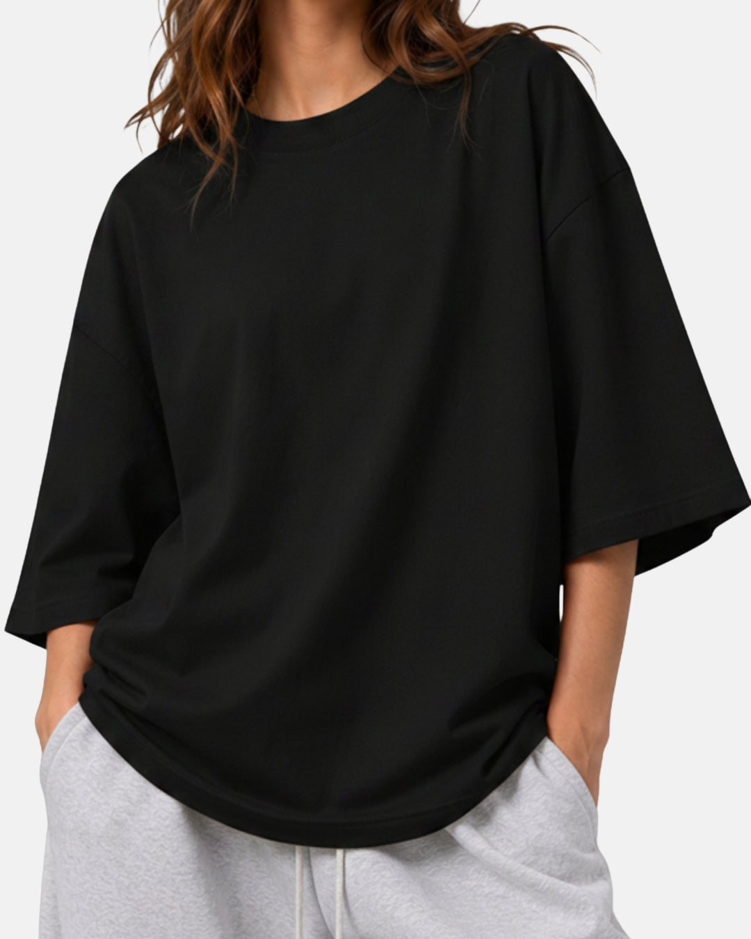 Sman's Solid Black Cotton Crew Neck Oversized Printed T-Shirt For Women