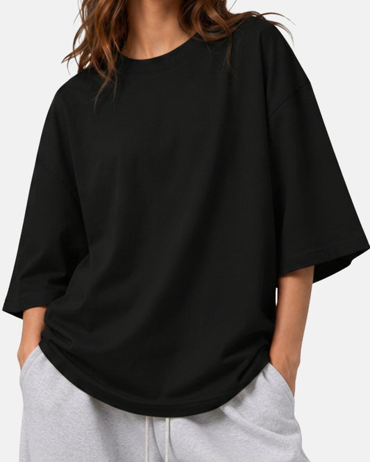 Sman's Solid Black Cotton Crew Neck Oversized Printed T-Shirt For Women