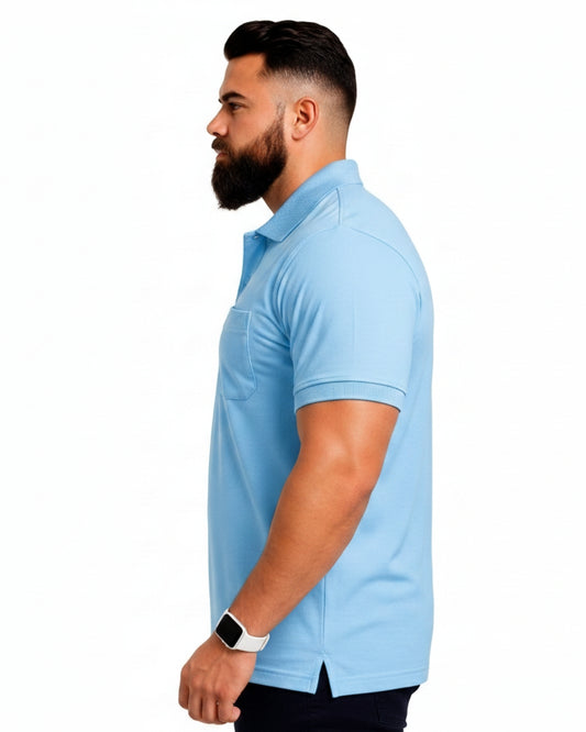 Men Plus size Polo Collar Pockets Sky Blue T-shirt