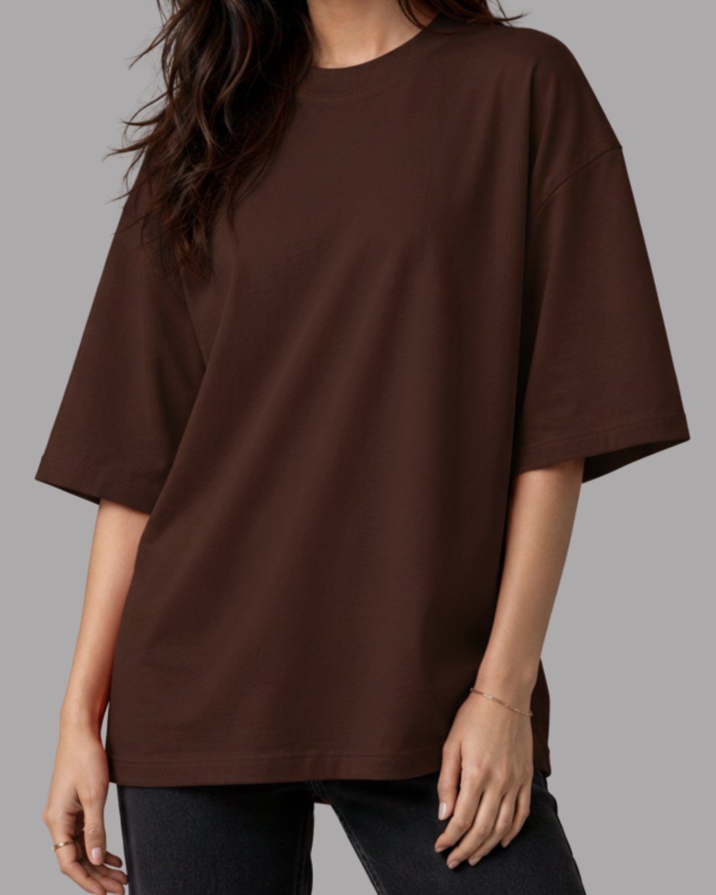 Women Solid Brown Cotton  Half Sleeve Crew Neck Oversized T-Shirt