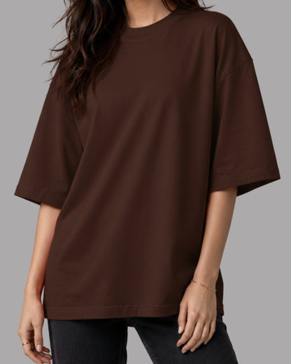 Women Solid Brown Cotton  Half Sleeve Crew Neck Oversized T-Shirt