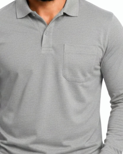 Men's Solid Grey Matty Full Sleeve Polo Regular T-Shirt