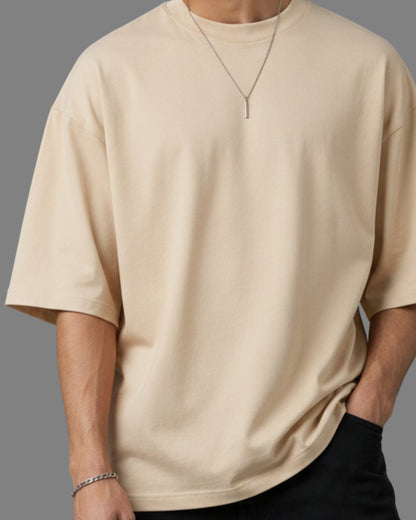 Men's Solid Beige Cotton  Half Sleeve Crew Neck Oversized T-Shirt