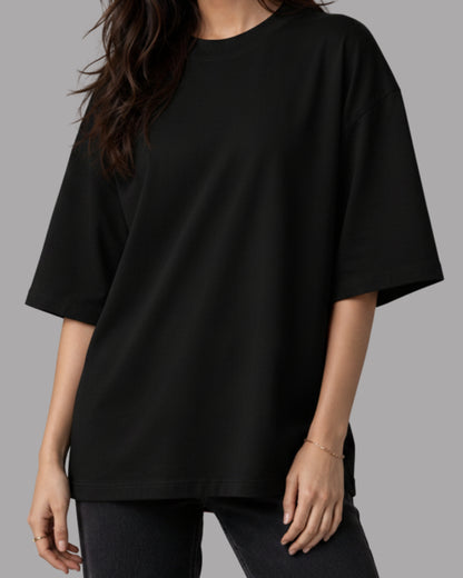 Women Solid Black Cotton  Half Sleeve Crew Neck Oversized T-Shirt