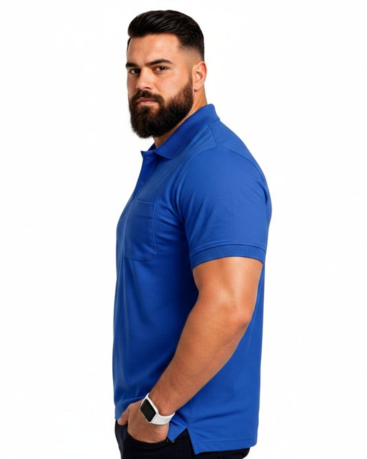 Men Plus size Polo Collar Pockets Royal Blue T-shirt