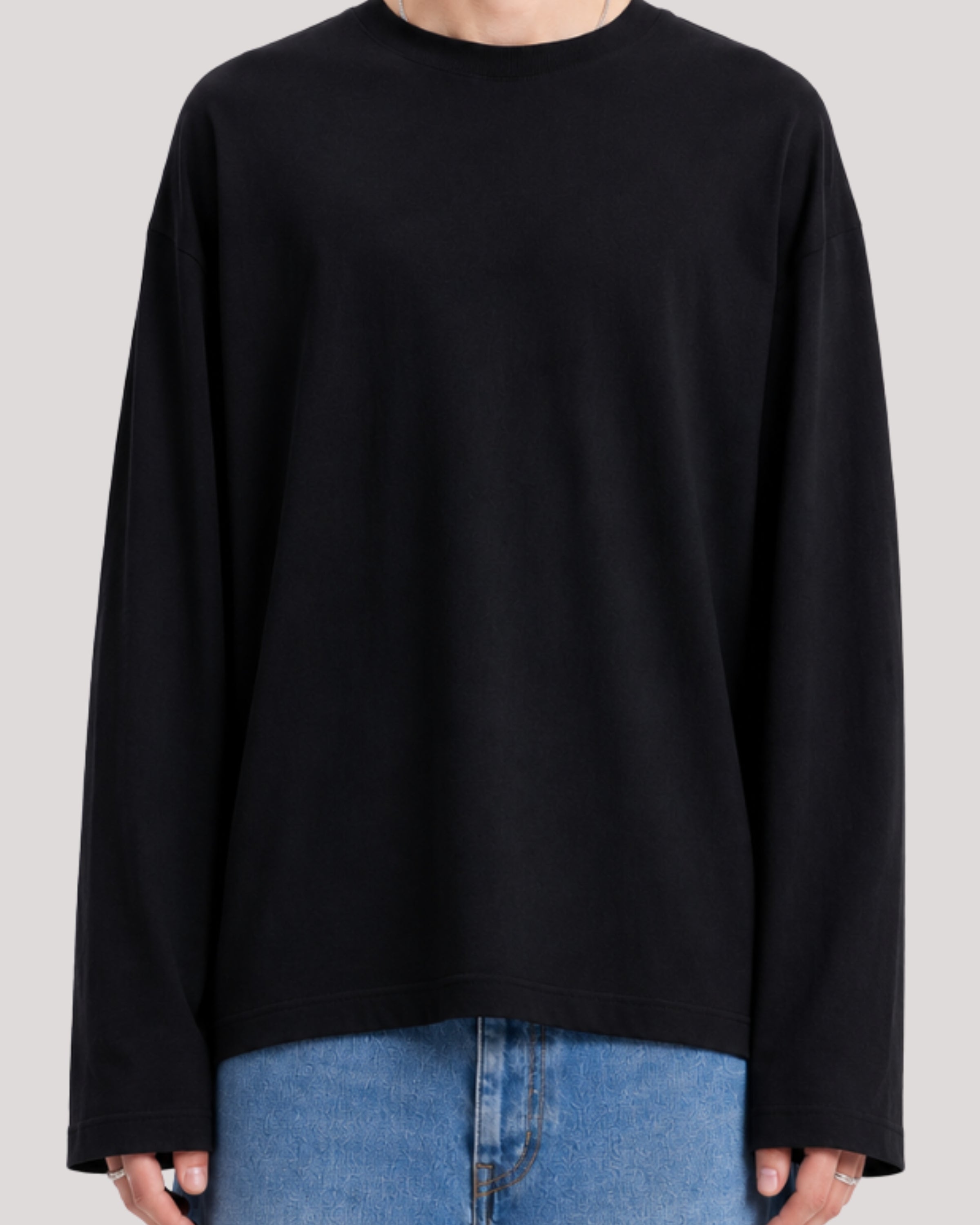 Men's Solid Black Oversized Long Sleeve Crew Neck Regular T-Shirt