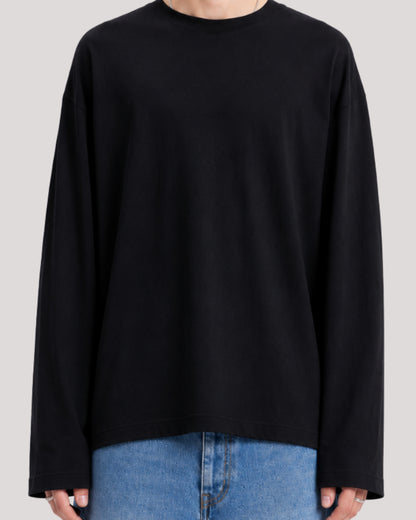 Men's Solid Black Oversized Long Sleeve Crew Neck Regular T-Shirt