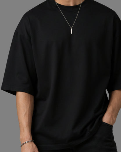Men's Solid Black Cotton  Half Sleeve Crew Neck Oversized T-Shirt