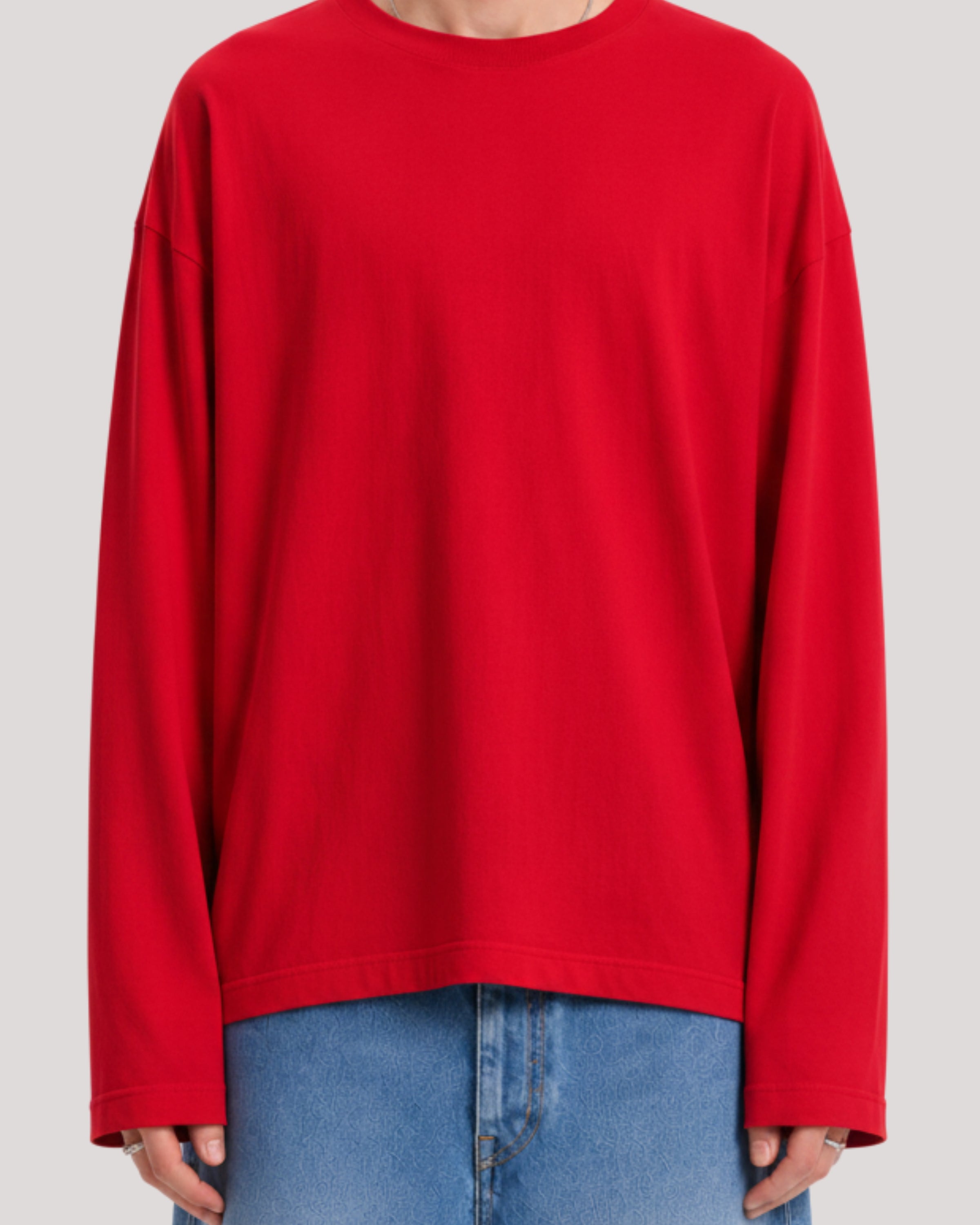 Men's Solid Red Oversized Long Sleeve Crew Neck Regular T-Shirt