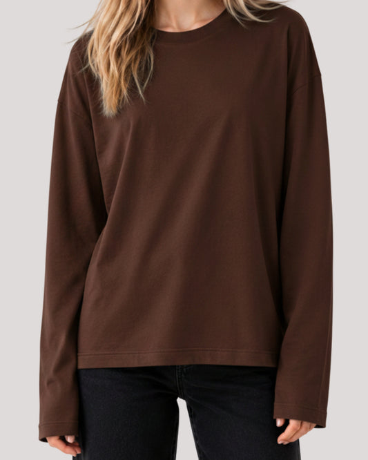 Women's Solid Brown Oversized Long Sleeve Crew Neck Regular T-Shirt
