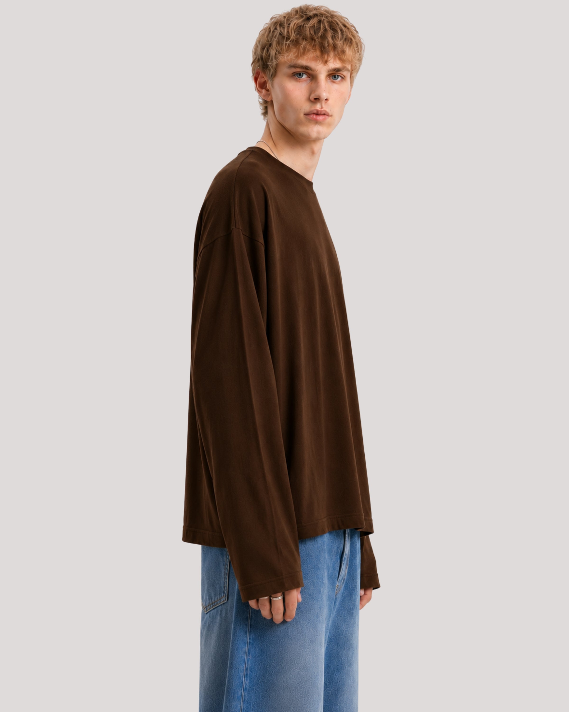 Men's Solid Brown Oversized Long Sleeve Crew Neck Regular T-Shirt