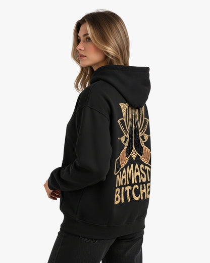 Sman's Solid Black Cotton Crew Neck Oversized Printed Hoodie For Women