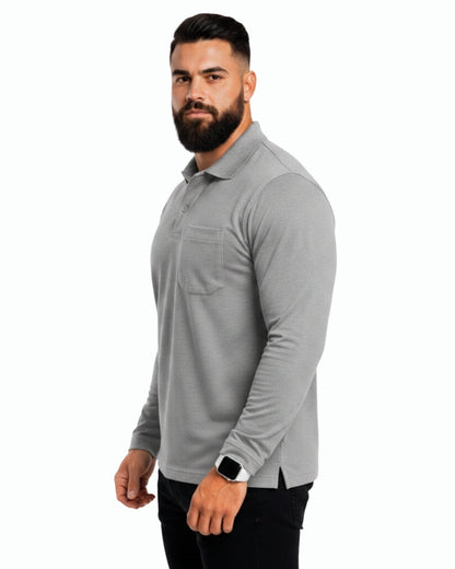 Men's Solid Grey Matty Full Sleeve Polo Regular T-Shirt