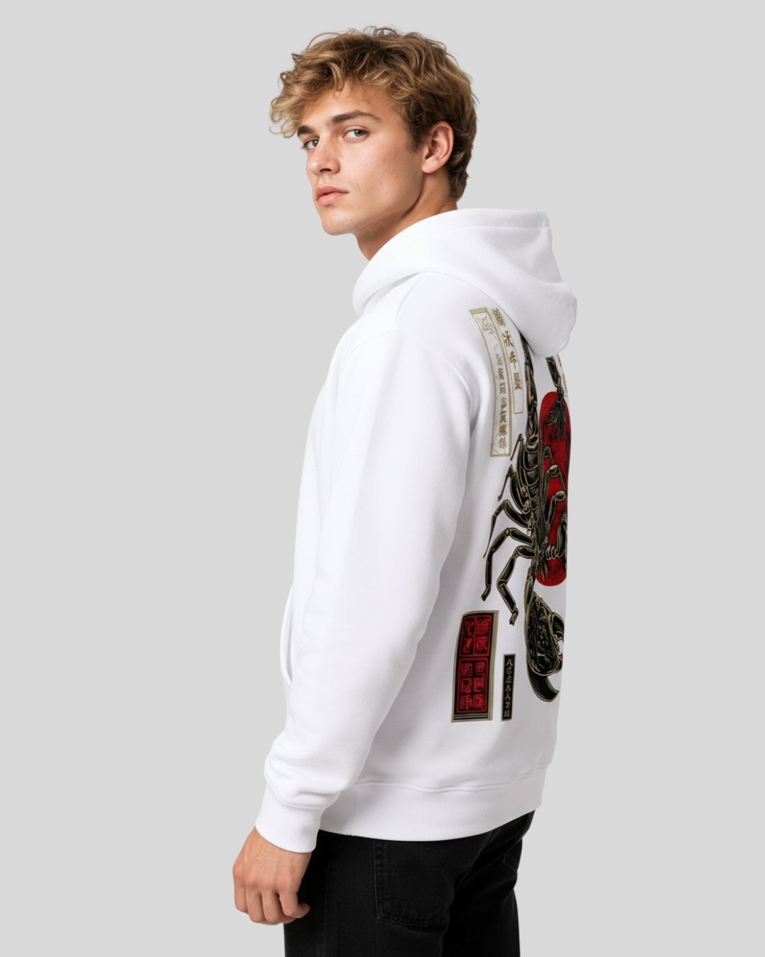 Sman's Solid White Cotton Crew Neck Oversized Printed Hoodie For Men