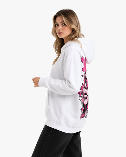 Sman's Solid White Cotton Crew Neck Oversized Printed Hoodie For Women