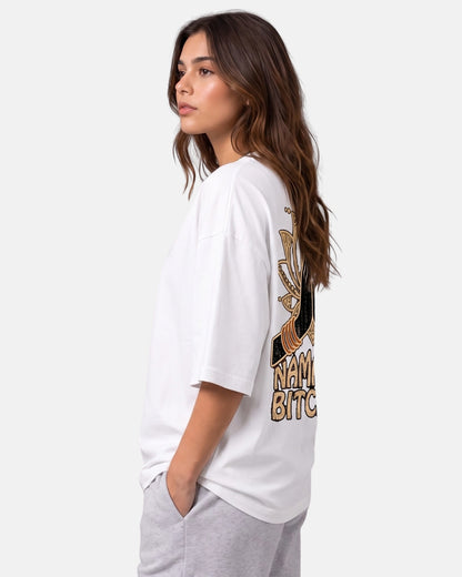 Sman's Solid White Cotton Crew Neck Oversized Printed T-Shirt For Women