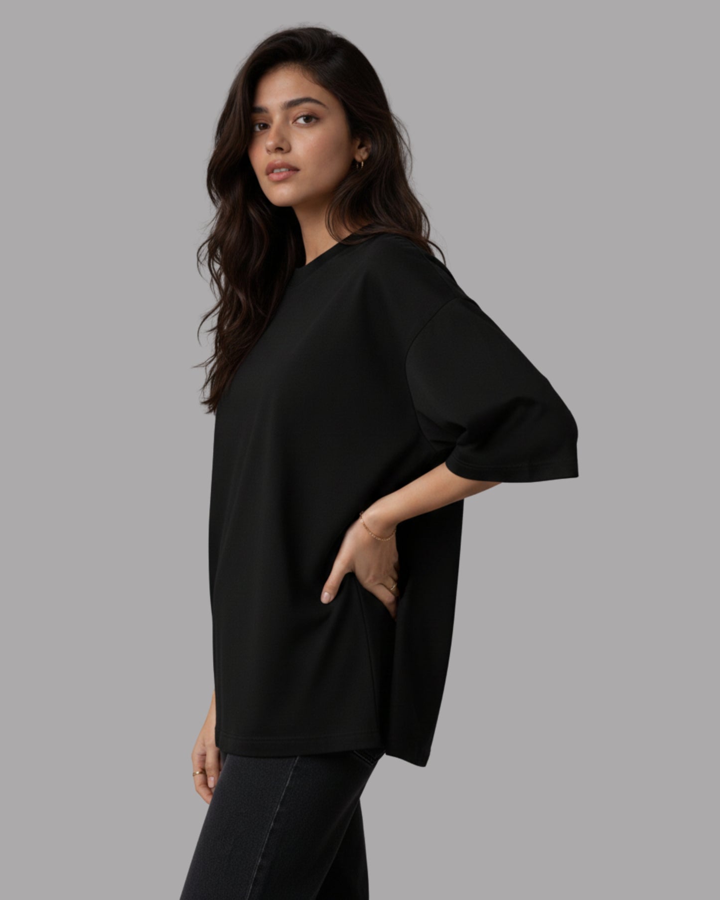 Women Solid Black Cotton  Half Sleeve Crew Neck Oversized T-Shirt