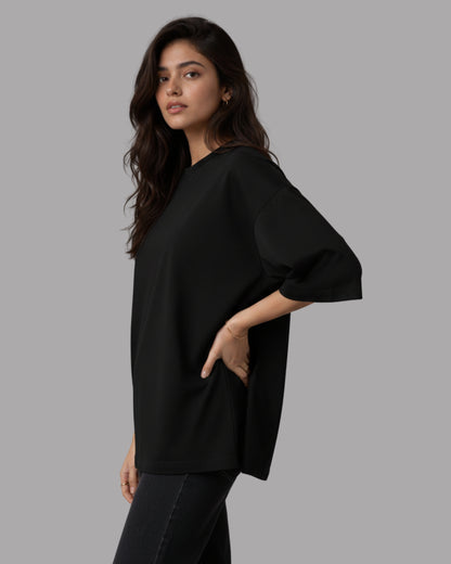 Women Solid Black Cotton  Half Sleeve Crew Neck Oversized T-Shirt