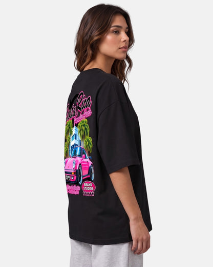 Sman's Solid Black Cotton Crew Neck Oversized Printed T-Shirt For Women