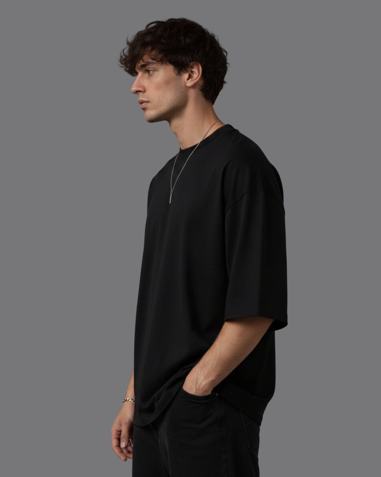 Men's Solid Black Cotton  Half Sleeve Crew Neck Oversized T-Shirt
