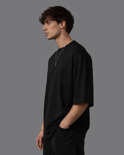 Men's Solid Black Cotton  Half Sleeve Crew Neck Oversized T-Shirt