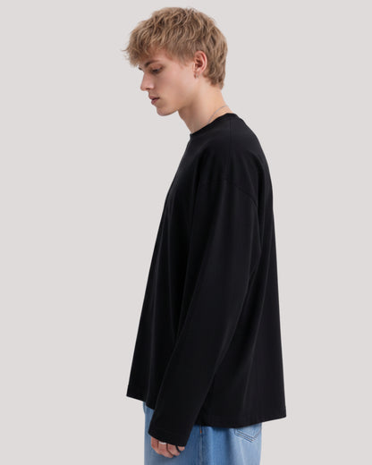 Men's Solid Black Oversized Long Sleeve Crew Neck Regular T-Shirt