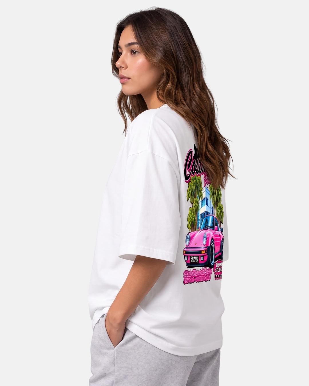 Sman's Solid White Cotton Crew Neck Oversized Printed T-Shirt For Women