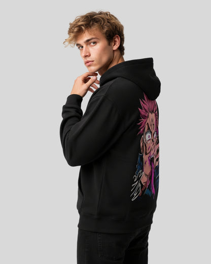 Sman's Solid Black Cotton Crew Neck Oversized Printed Hoodie For Men