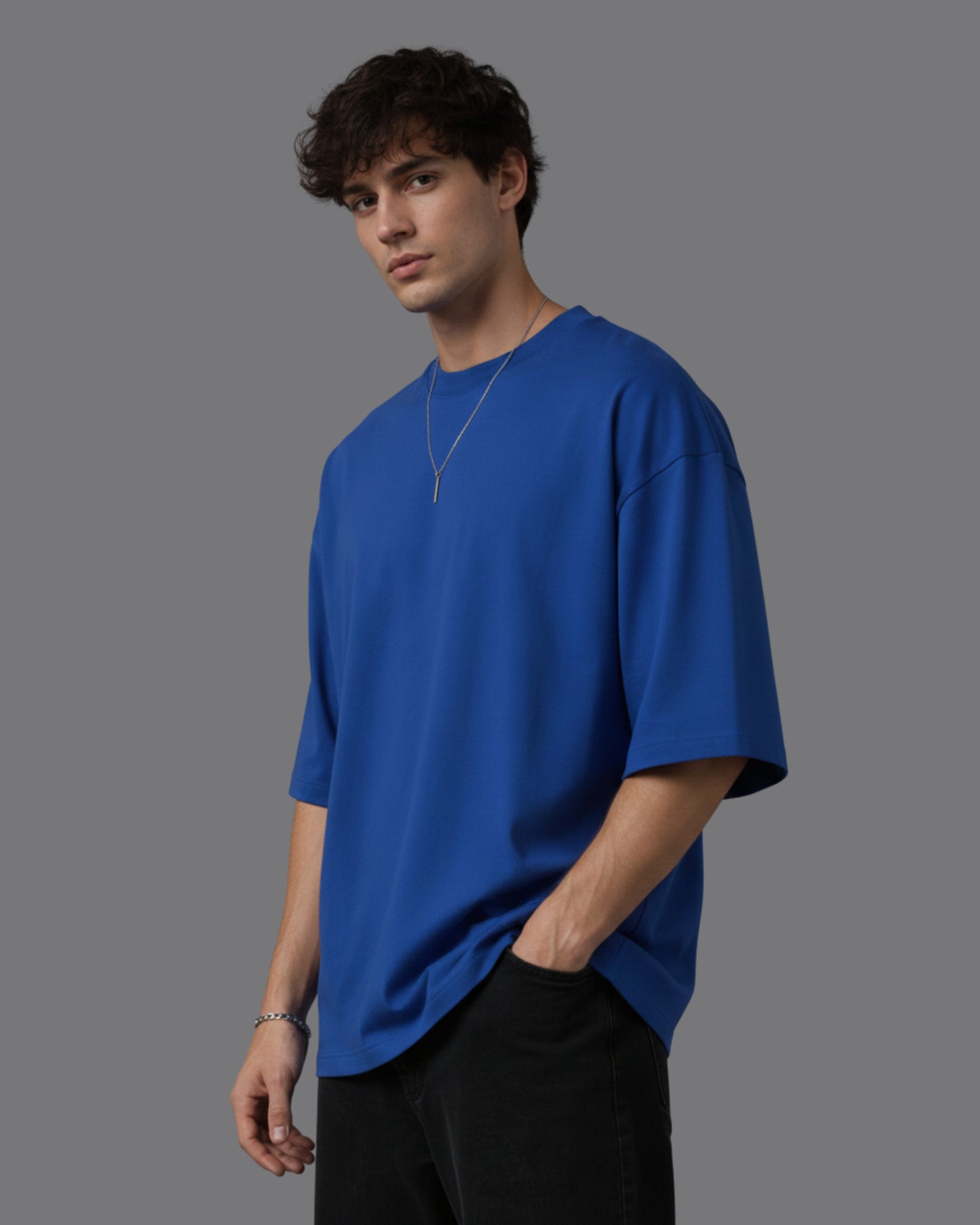 Men's Solid Royal Blue Cotton  Half Sleeve Crew Neck Oversized T-Shirt