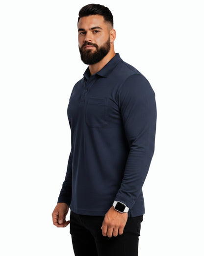 Men's Solid Navy Blue Matty Full Sleeve Polo Regular T-Shirt