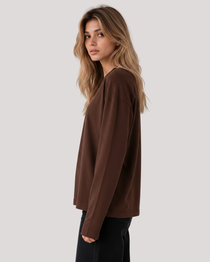 Women's Solid Brown Oversized Long Sleeve Crew Neck Regular T-Shirt