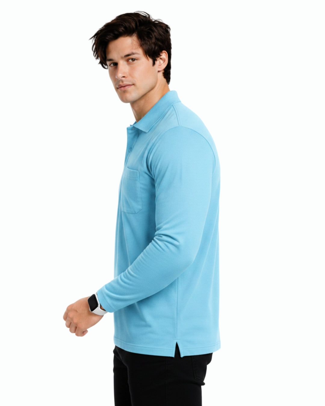 Men's Solid Sky Blue Matty Full sleeve  Polo Regular T-Shirt