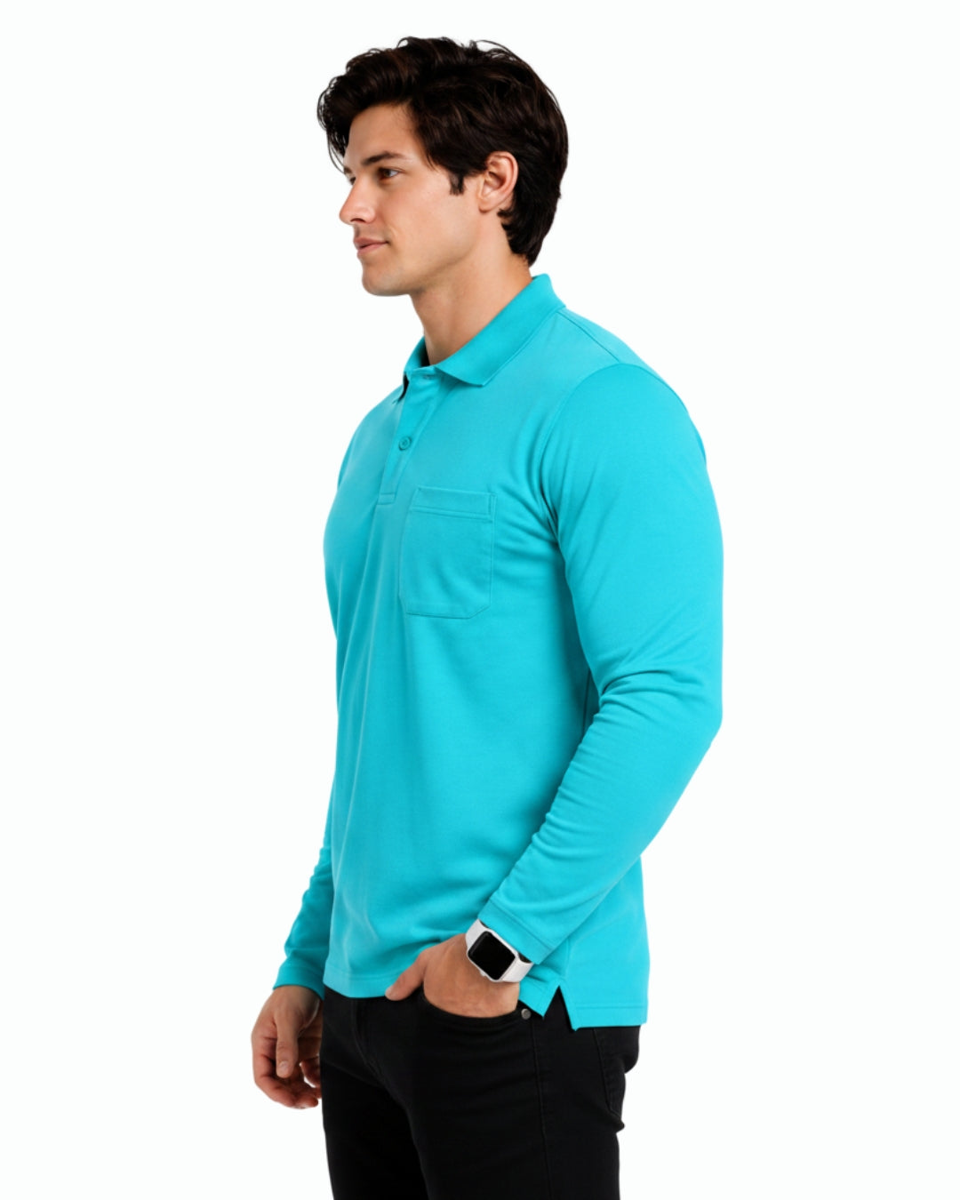Men's Solid Aqua Matty Full sleeve Polo Regular T-Shirt