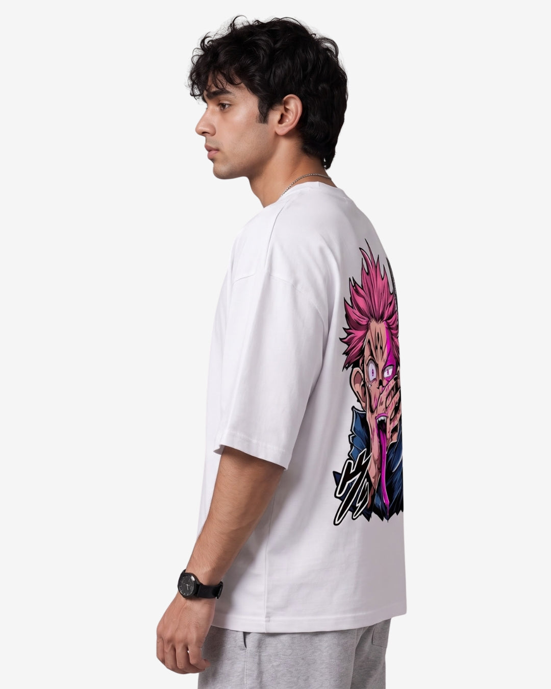 Sman's Solid White Cotton Crew Neck Oversized Printed T-Shirt For Men