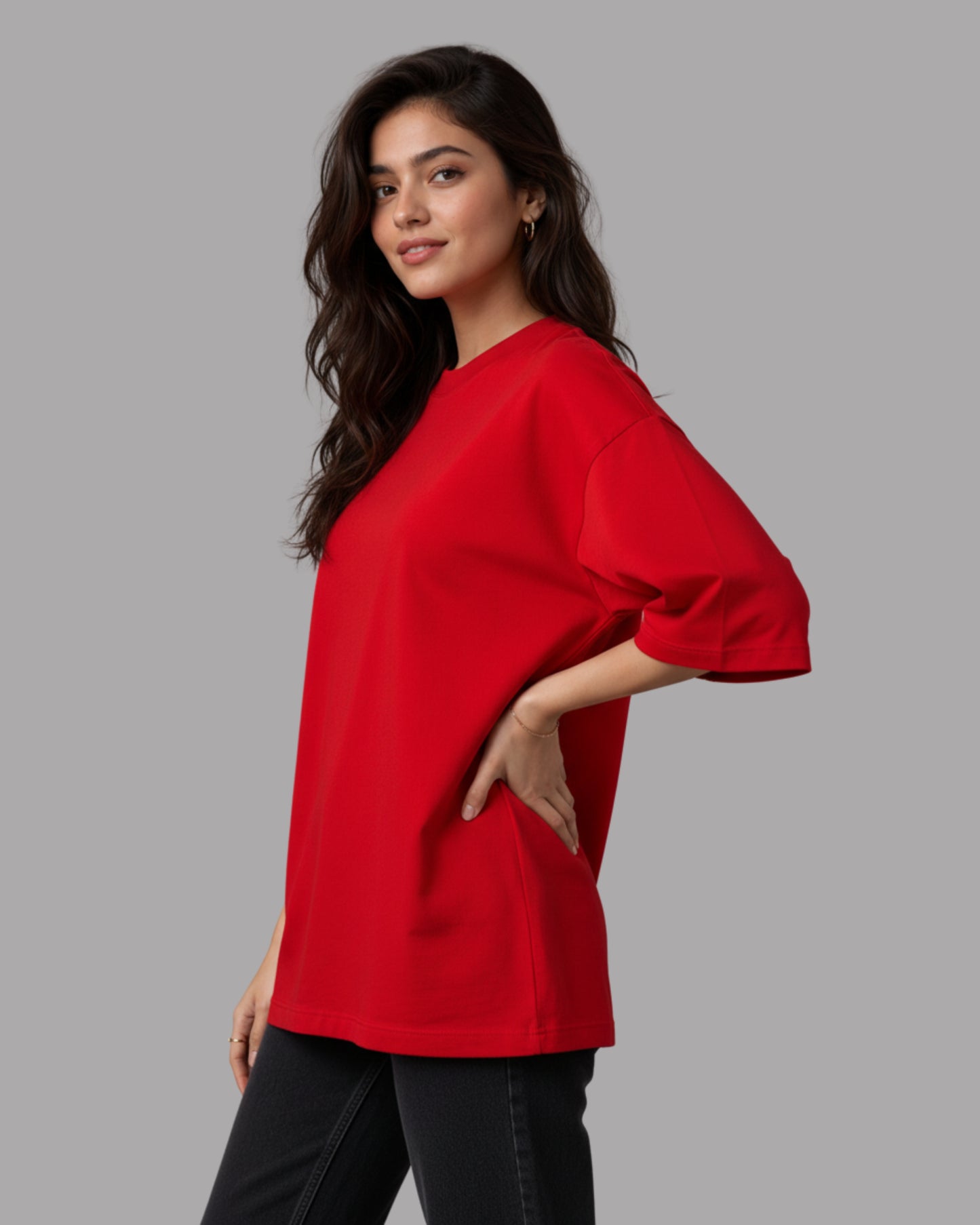 Women Solid Red Cotton  Half Sleeve Crew Neck Oversized T-Shirt