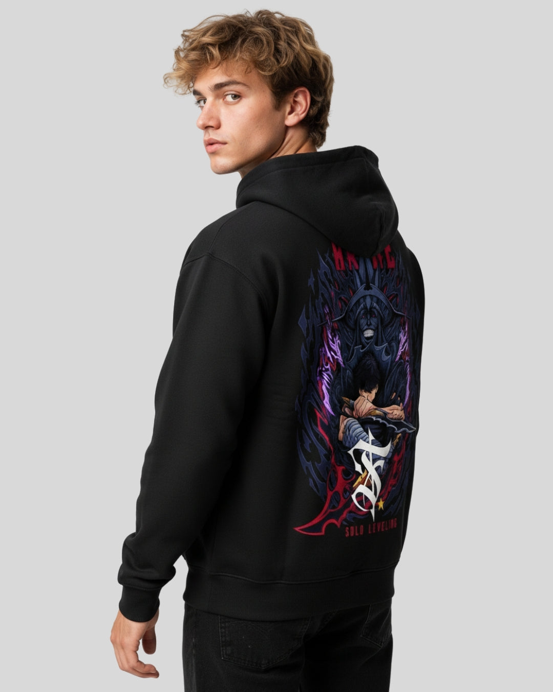 Sman's Solid Black Cotton Crew Neck Oversized Printed Hoodie For Men