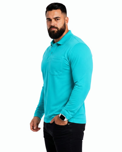 Men's Solid Aqua Matty Full sleeve Polo Regular T-Shirt
