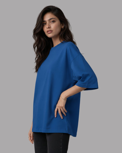 Women Solid Royal Blue Cotton  Half Sleeve Crew Neck Oversized T-Shirt