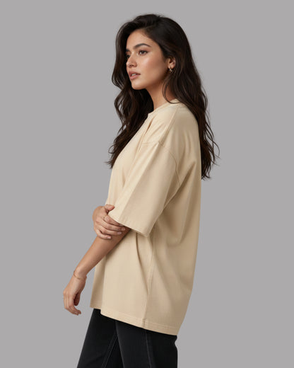 Women Solid Beige Cotton  Half Sleeve Crew Neck Oversized T-Shirt