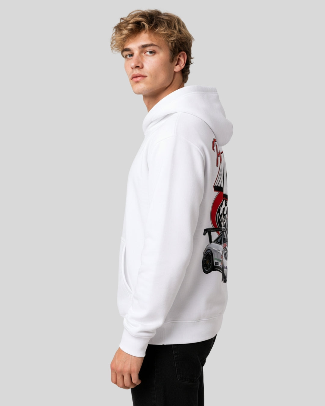 Sman's Solid White Cotton Crew Neck Oversized Printed Hoodie For Men