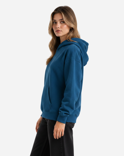 Women's Solid Teal Blue Cotton Full Sleeve Oversized Hoodie
