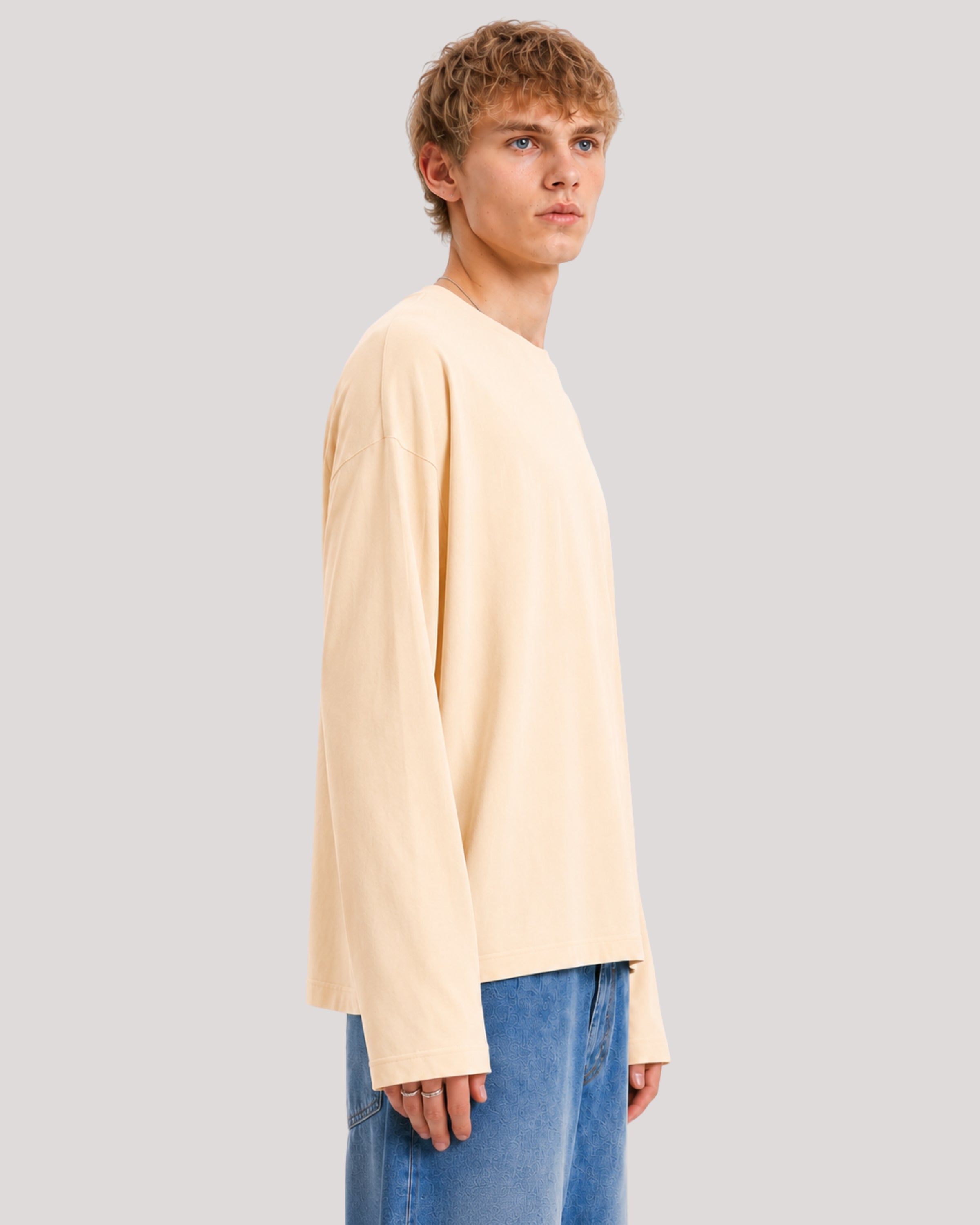 Men's Solid Beige Oversized Long Sleeve Crew Neck Regular T-Shirt