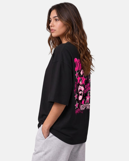 Sman's Solid Black Cotton Crew Neck Oversized Printed T-Shirt For Women