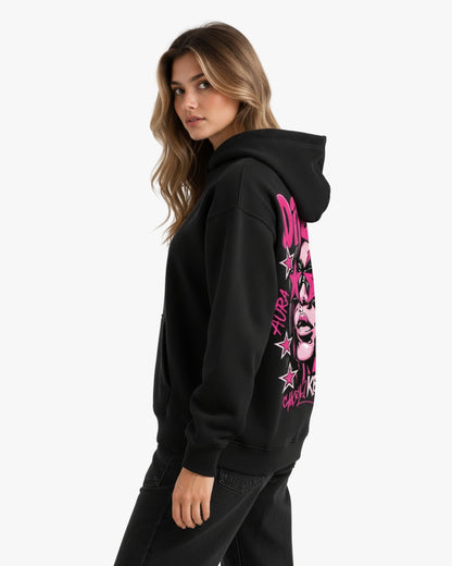 Sman's Solid Black Cotton Crew Neck Oversized Printed Hoodie For Women