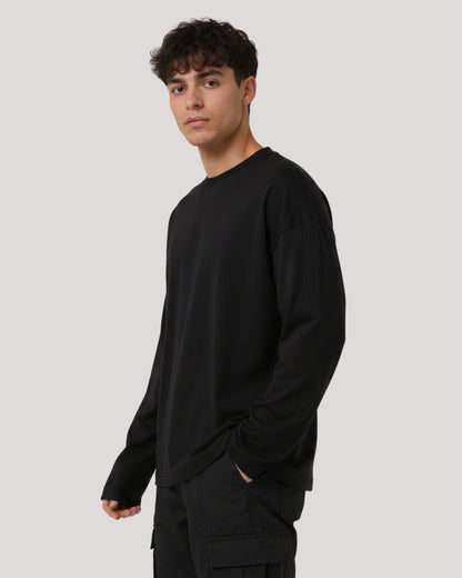 Men's Solid Black Cotton Long Sleeve Crew Neck Oversized T-Shirt