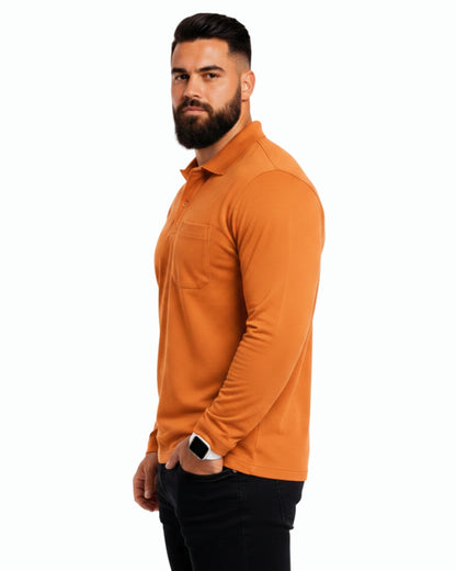 Men's Solid Orange Matty Full Sleeve Polo Regular T-Shirt