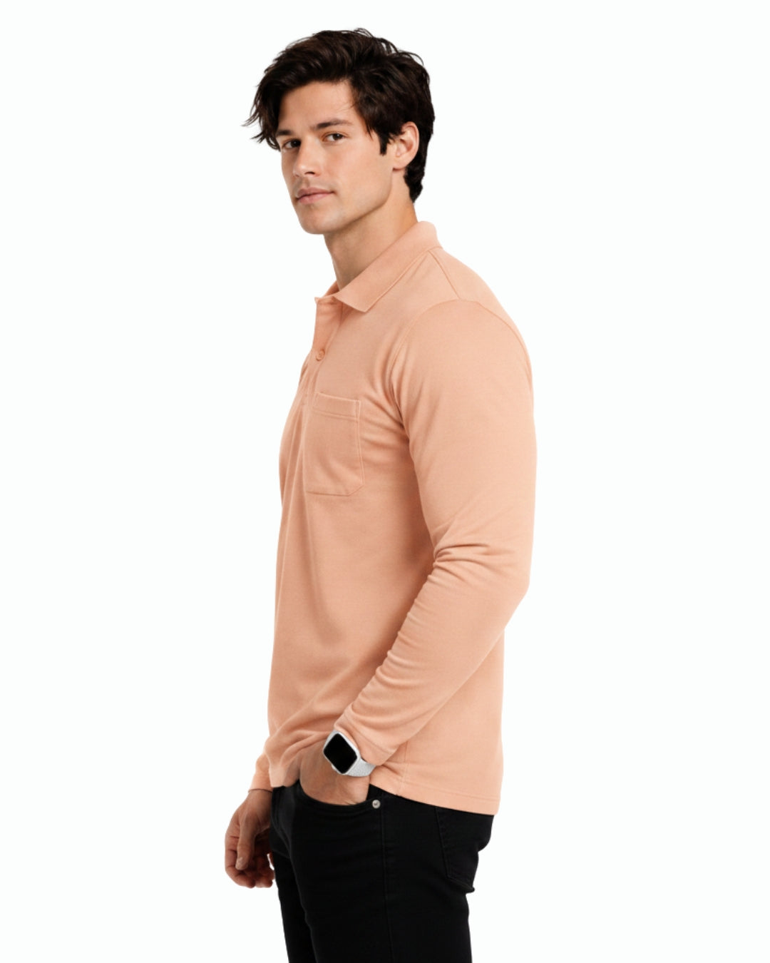 Men's Solid Peach Matty Full sleeve Polo Regular T-Shirt