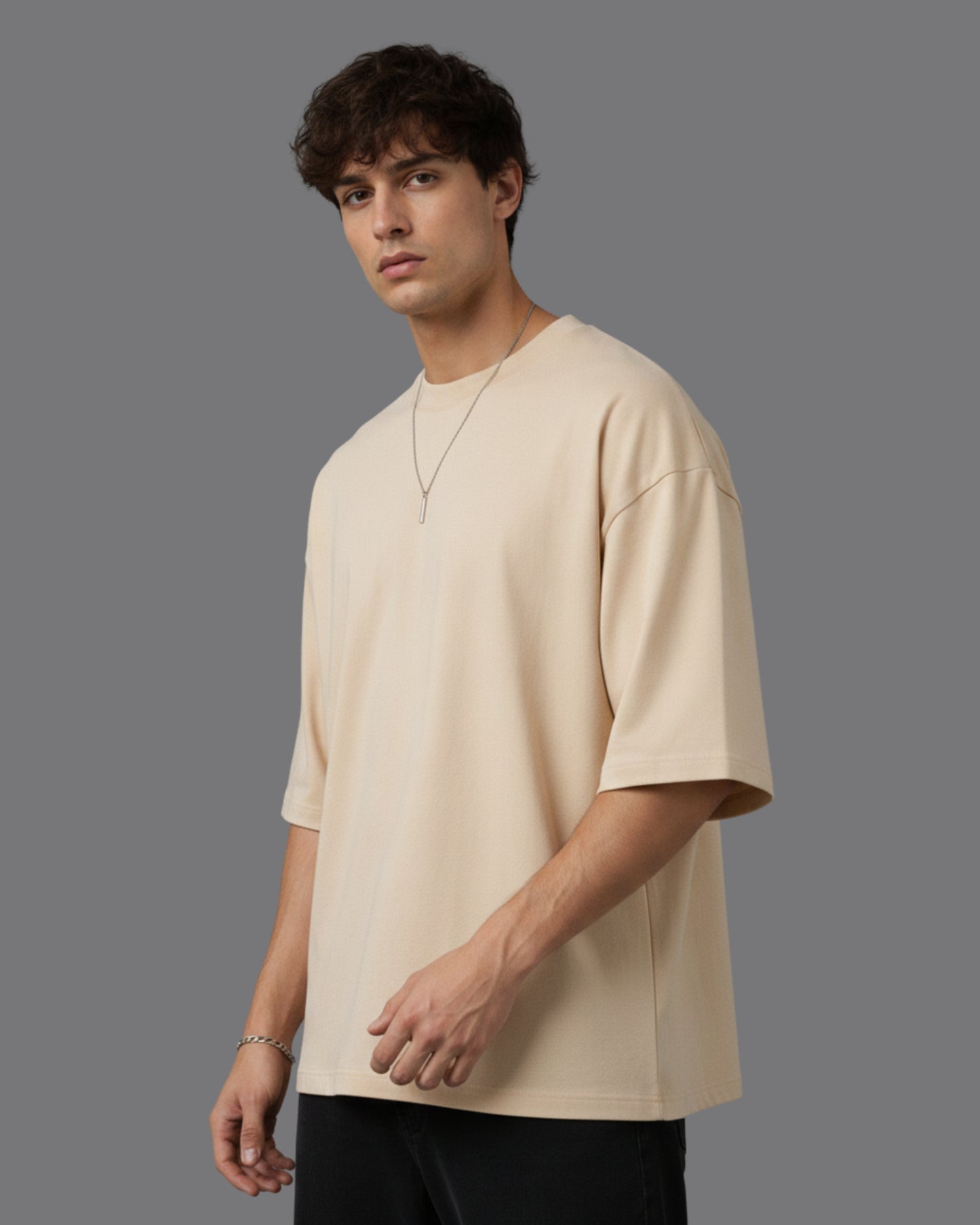 Men's Solid Beige Cotton  Half Sleeve Crew Neck Oversized T-Shirt